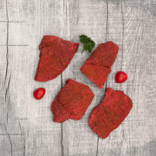 4439-Highlandbeef-Bratenstuecke-Minuten-Steaks, mariniert – Ansicht von oben