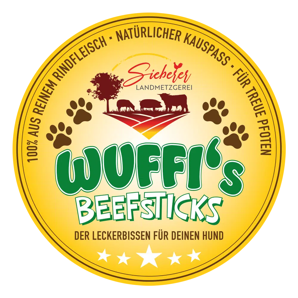 Rundes gelbes Etikett für Wuffi’s Beefsticks Rind mit grüner Schrift und Hundemotiv